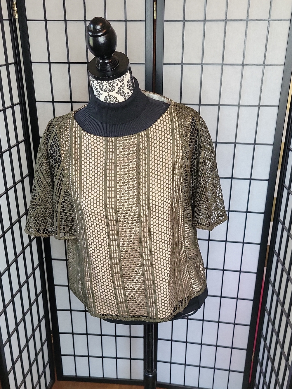 Marie Oliver Olive Green Mesh Batwing Short Sleeve Top